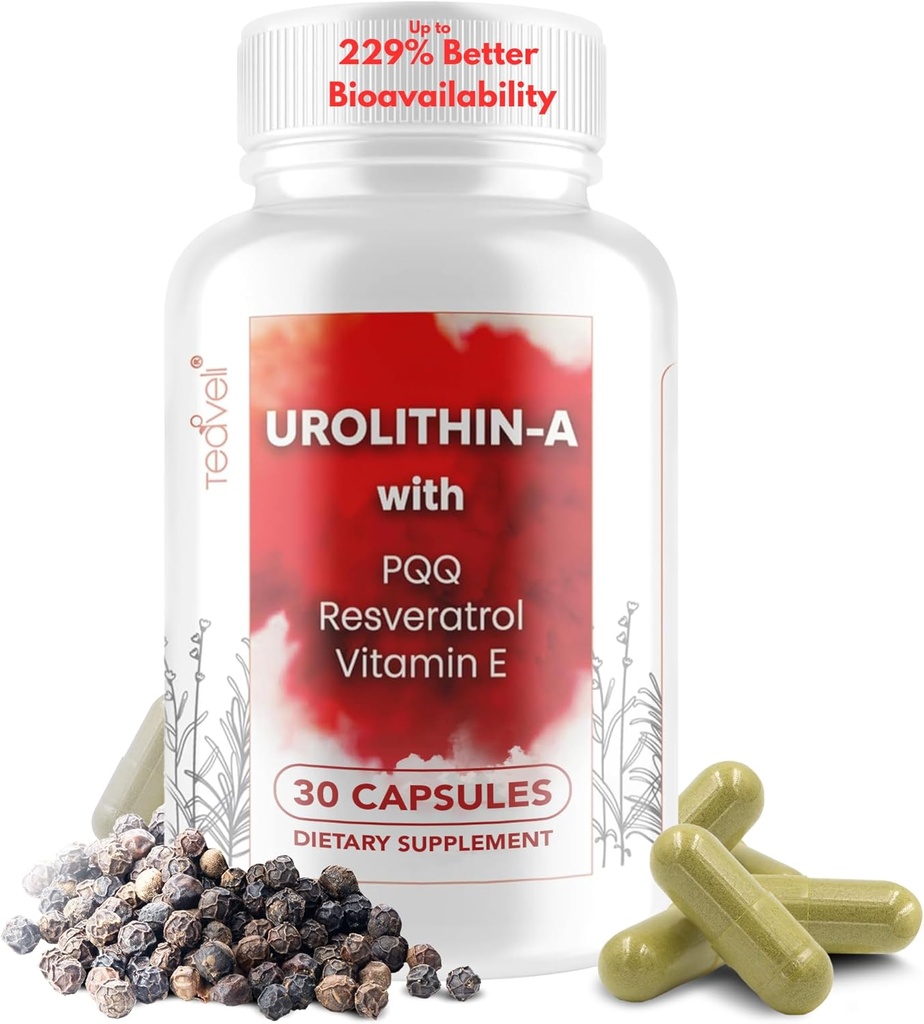Advanced Urolithin A (15 Servings) & Stem Cell Supplement with 500mg Urolithin A, Resveratrol, PQQ, Vitamin E & Bioperin - Podporuje NAD +, Mitochondria, Svalové zdraví, Zdravé buňky & Energetické hladiny