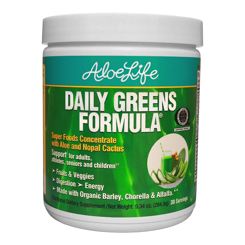 Aloe Life - Daily Green Powder, QAI-Certified Organic Health Appendix, Antioxidants, 21 Ovoce, Veggies, & Byliny včetně Aloe & Nopal Cactus, Low- Calorie, Keto- Friendly, gluten- Free (30 Služení)
