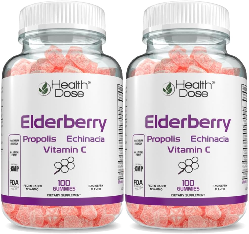 Zdravotní dávka Elderberry Sambucus Gummy Vitamíny Děti 100 Gummie. s Propolis Extract, Echinacea, Vitamin C, Yummy Raspberry Flavor, Vegan, gluten- Free, Obrana, imunitní podpora Booster. Balení po 2 ks