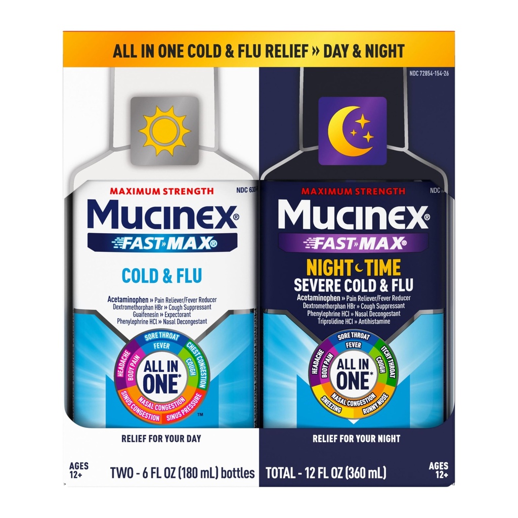 Mucinex Fast- Max Cold and Flu & Nightship Medicine pro dospělé, Over- The- Counter Medication Combo Pack for Sore throat Relief, Decongestant, Cough & Cold Medicine (2 x 6 Fl Oz)