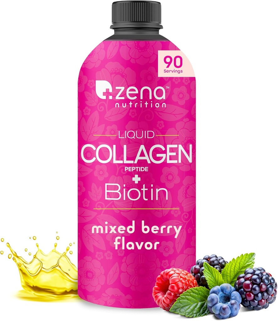 Zena Nutrition Liquid Collagen Peptides and Biotin, 2500mg Verisol Bioactive Collagen Peptides, 5000mcg Biotin, Vlasy, kůže, dodatek k nehtu pro ženy a muže, Smíšené Berry, 90 Služeb, 30 fl oz