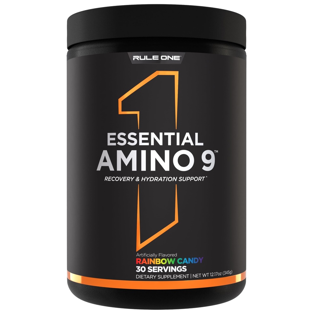 Pravidlo 1 Základní Amino 9 - Podpora obnovy a hydratace s 7.5g esenciálních aminokyselin + elektrolyty (30 Služeb, Rainbow Candy)