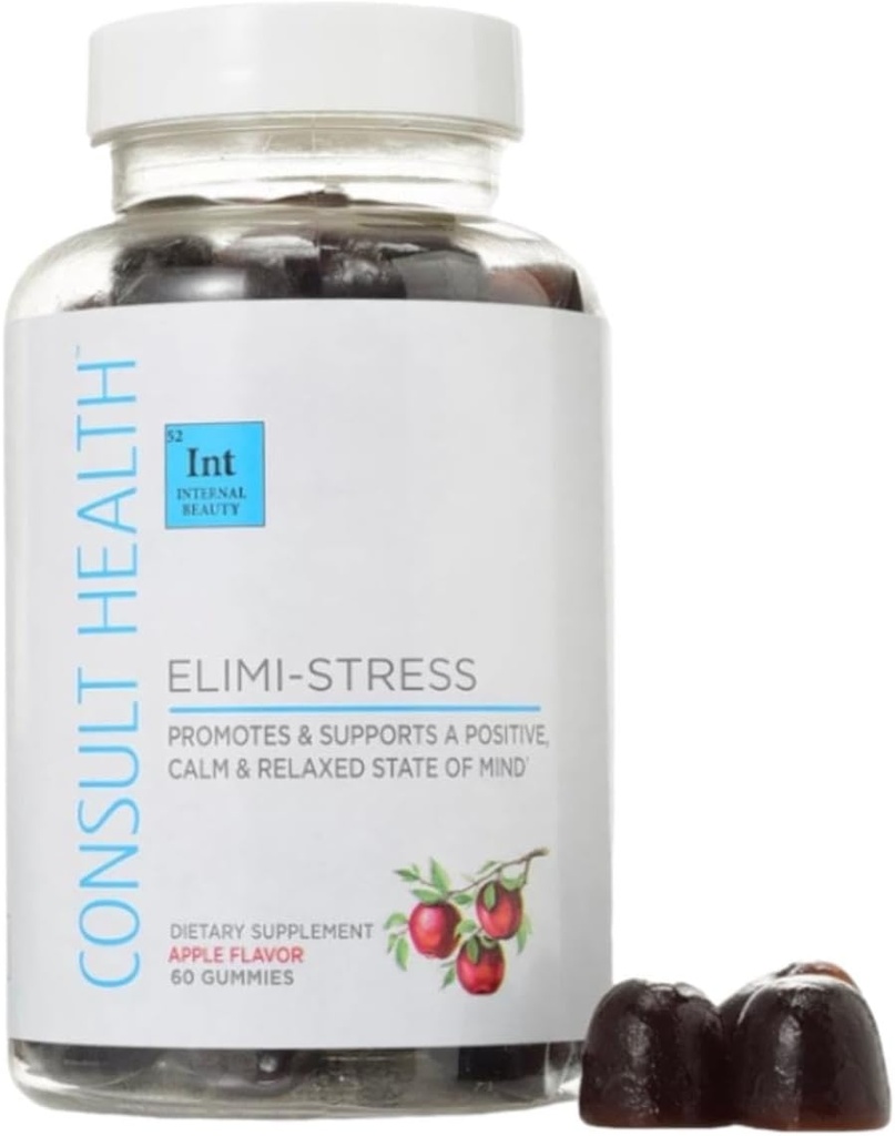 Consult Health - ELIMI-Stres Vegan Gummies - Stres Relief Dodatek - Snížení únavy - Přírodní Apple Flavor - Ashwagandha Root & Leaf Extract -Tumerický extrakt - Kofein zdarma - 60 Počet