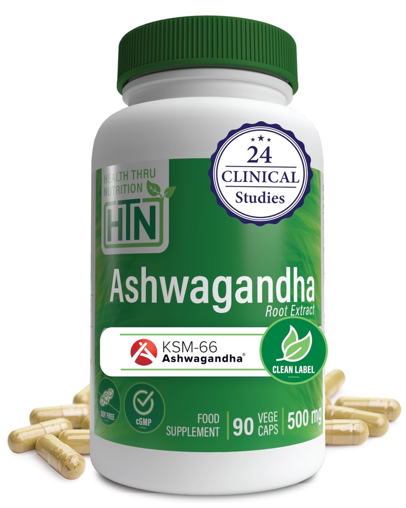 Zdraví Thru Nutrition Ashwagandha 500mg KSM PHARMA66 ® 90 Kapsle CARMAN 124; Stres, Mood, Focus, & Energy CARMAN 124; Klinicky osvědčené a organické Root- Only Whitania Somnifera Extract CARMAL 124; Non- GMO, Gluten & Soy Free