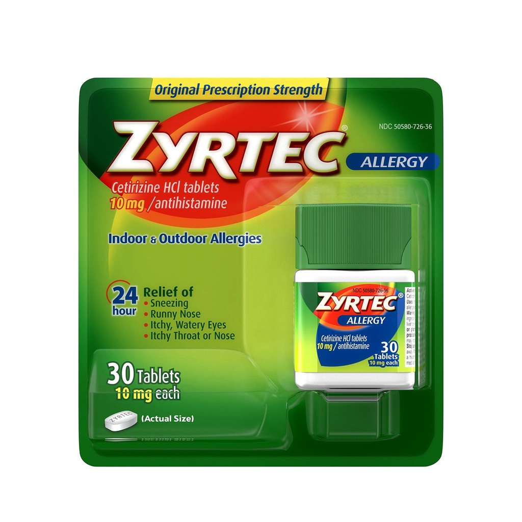 Zyrtec 24 hodin Allerief Relief Tablety, 10 mg Cetirizin HCl Antihistaminika Medicína proti alergiím, 30 ct Červená