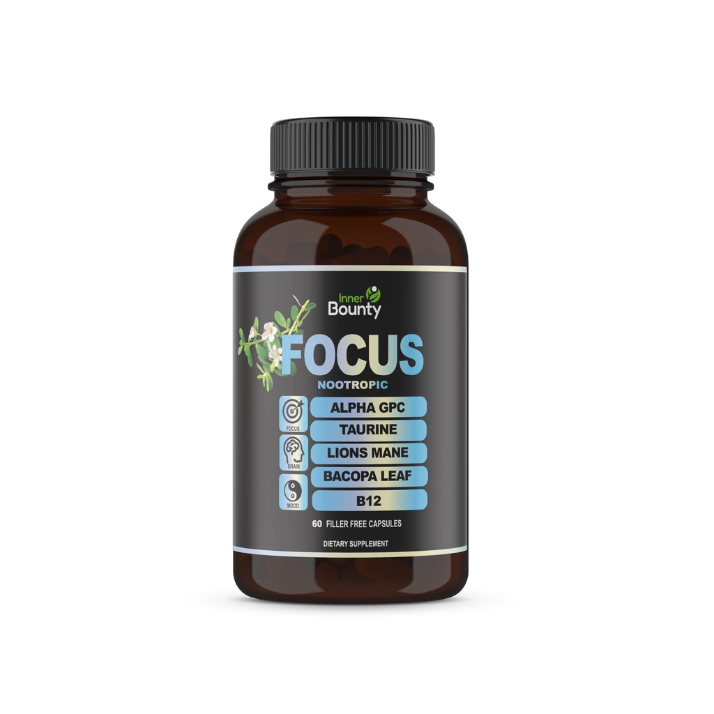 Focus 14-in-1 Nootropní Mozek Dodatek s Lions Mane, Alpha GPC Choline, Vitamin C & B12, Taurin, Bacopa - Energie, Cognitive, Podpora paměti, 60 Filler zdarma Kapsle