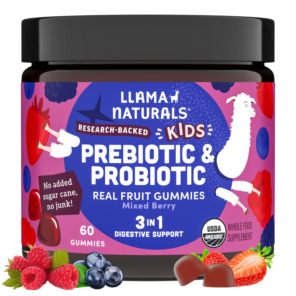 Llama Naturals Děti Probiotika s prebiotický Vláknina, Vegan, Organic Prebiotics a Probiotika Gummies pro Gut Health Support, Toddler Real Fruit Gummy Vitamíny, No Add Sugar Cane, Smíšené Berry, 60 Ct