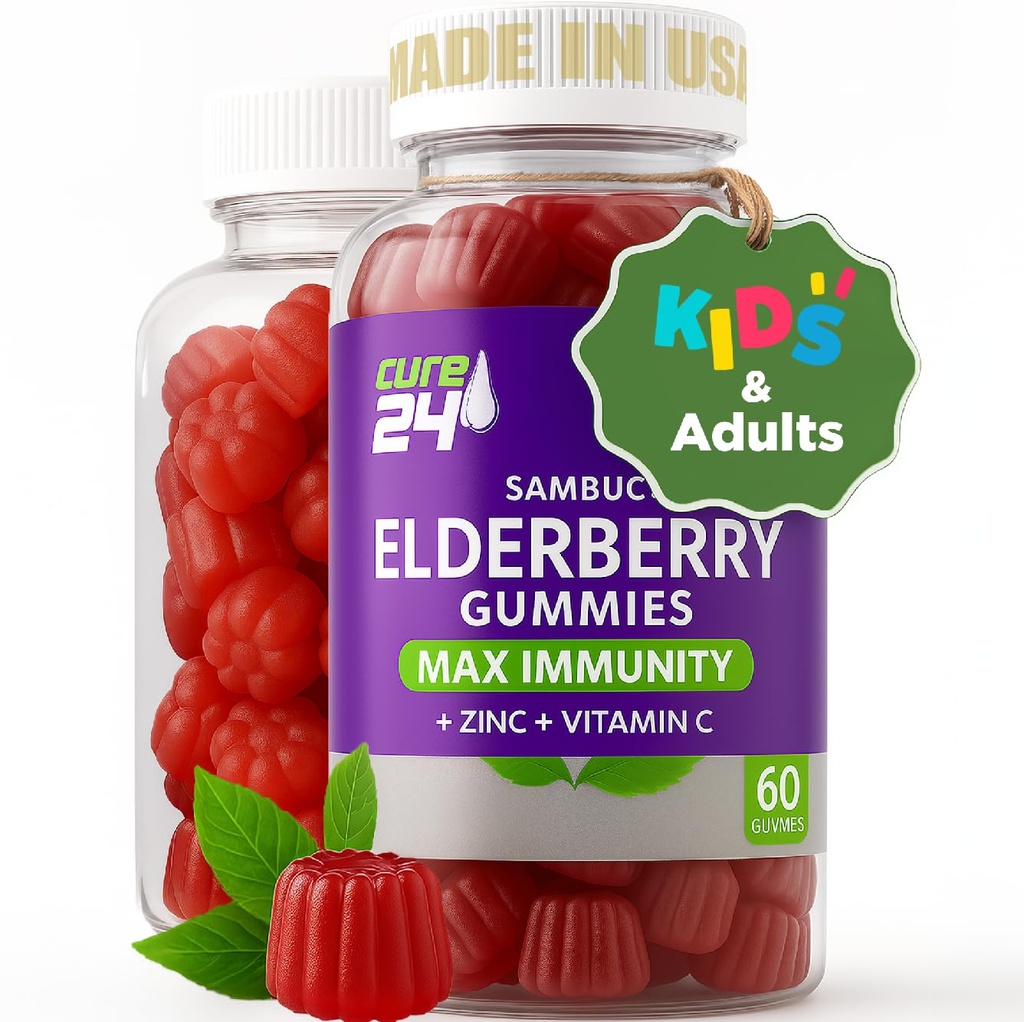 Sambucus Elderberry Gummies + Vitamin C + Zink pro děti a dospělé, Imunitní podpora X3, Přírodní aromata + ingredience, Vegan, Non- GMO, Made in USA (60)