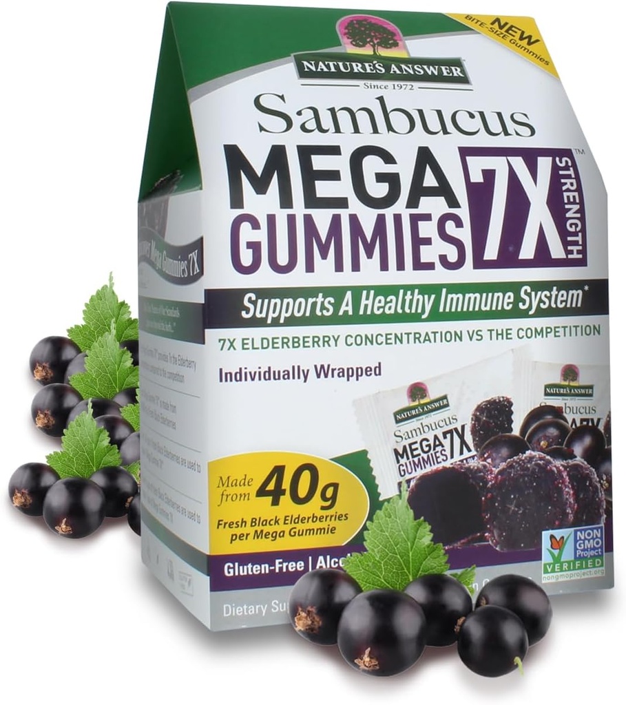 Příroda odpověď Sambucus Mega Gummies Côte 124; 7X Více Koncentrace Elderberry Côte 124; Alkohol- Free, gluten- Free, Gelatin- Free, Vegan, Non- GMO & No Preservatives Côte 124; 30ct Gummies (Balení po 2)
