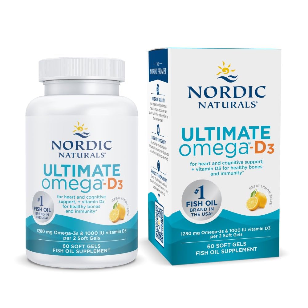 Nordic Naturals Ultimate Omega- D3, Lemon Flavor - 60 Soft Gels - 1280 mg Omega33 + 1000 IU vitaminu D3 - EPA & DHA - Promotes Brain, Heart, & Imunitary Health - 30 Servings