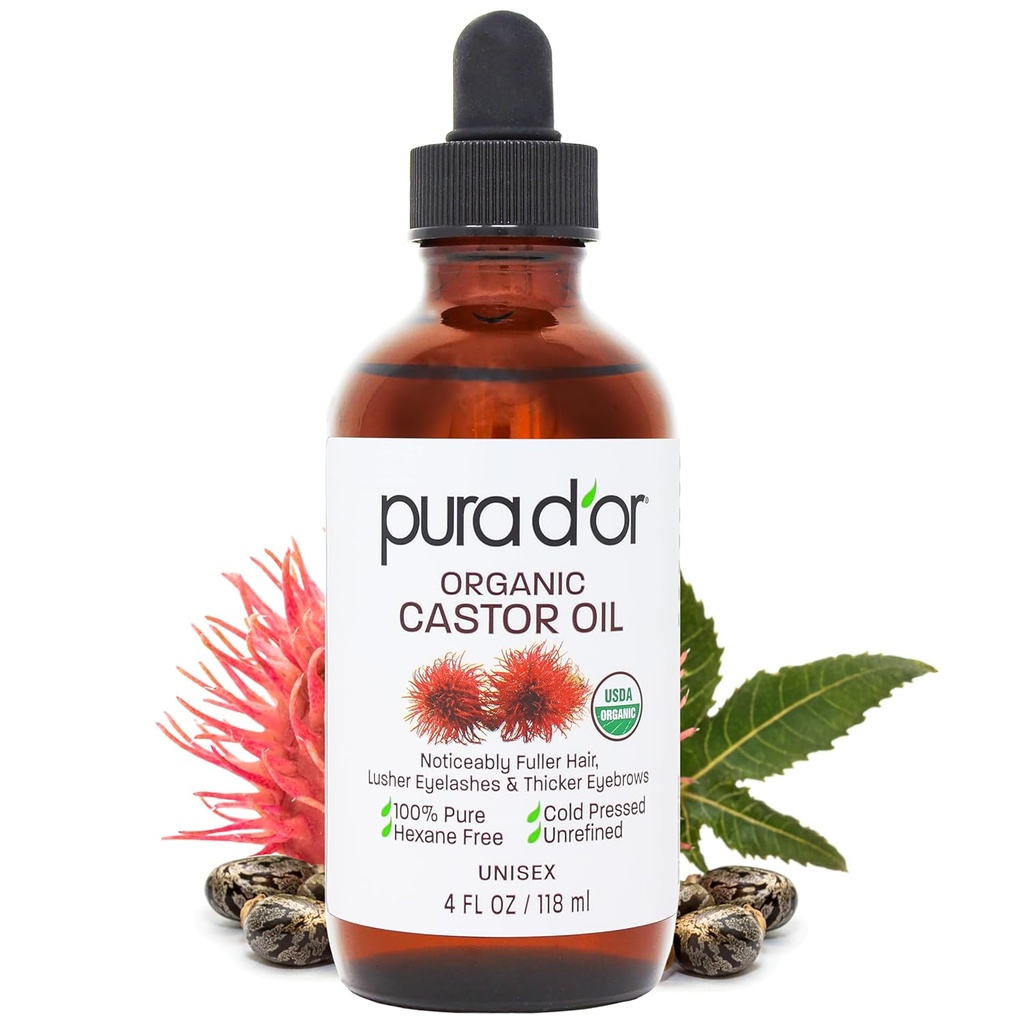 PURA D 'OR 4 Oz Organic Castor Oil - 100% čistý USDA Certified Cold Pressed, Hexane Free Eylash & Eyebrow Serum - Pro Fuller, Silnější řasy a obočí - kůže a vlasy