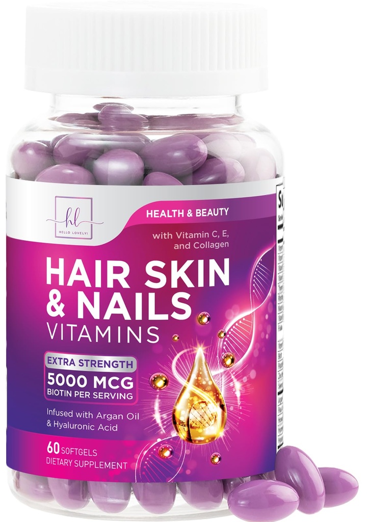 Vlasy, kůže a nehty Vitamíny pro ženy - Biotin 5000mcg na podporu růst vlasů s arganovým olejem, kolagen a hyaluronická kyselina, krásné, silnější kůže, vlasy a nehty vitamin dodatek - 60 Softgels