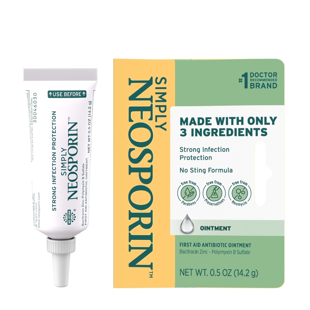 Neosporin Jednoduše vzorec 3- ingredience první pomoc Antibiotický mast a péče o rány Léčba Bacitracin zinek a polymyxin B Sulfát, Preservative-, Paraben- a neomycin- bez, 0, 5 oz