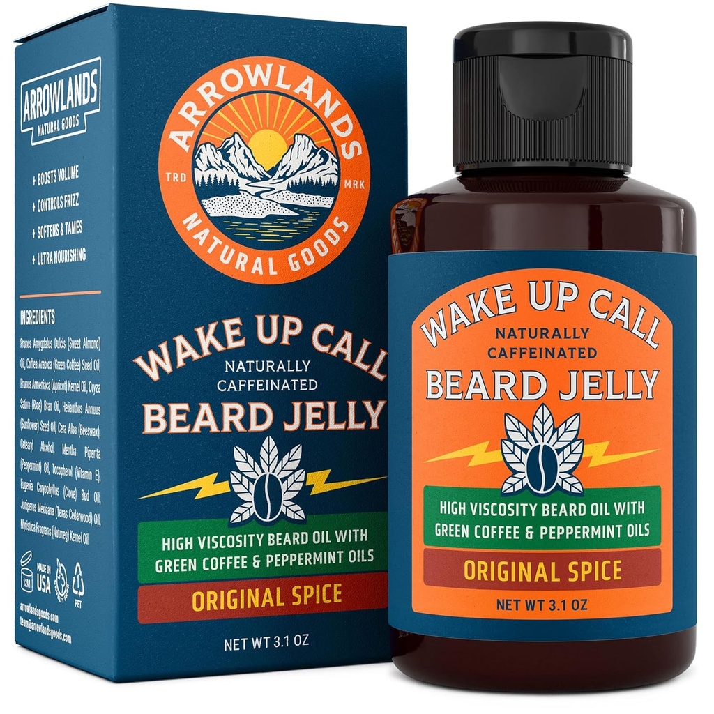 Wake Up Beard Jelly - Kofein Beard Růstový olej s panenským zeleným kávovým olejem & Peppermint, Natural Thickener a Moisturizer (3.1oz, Original Spice)