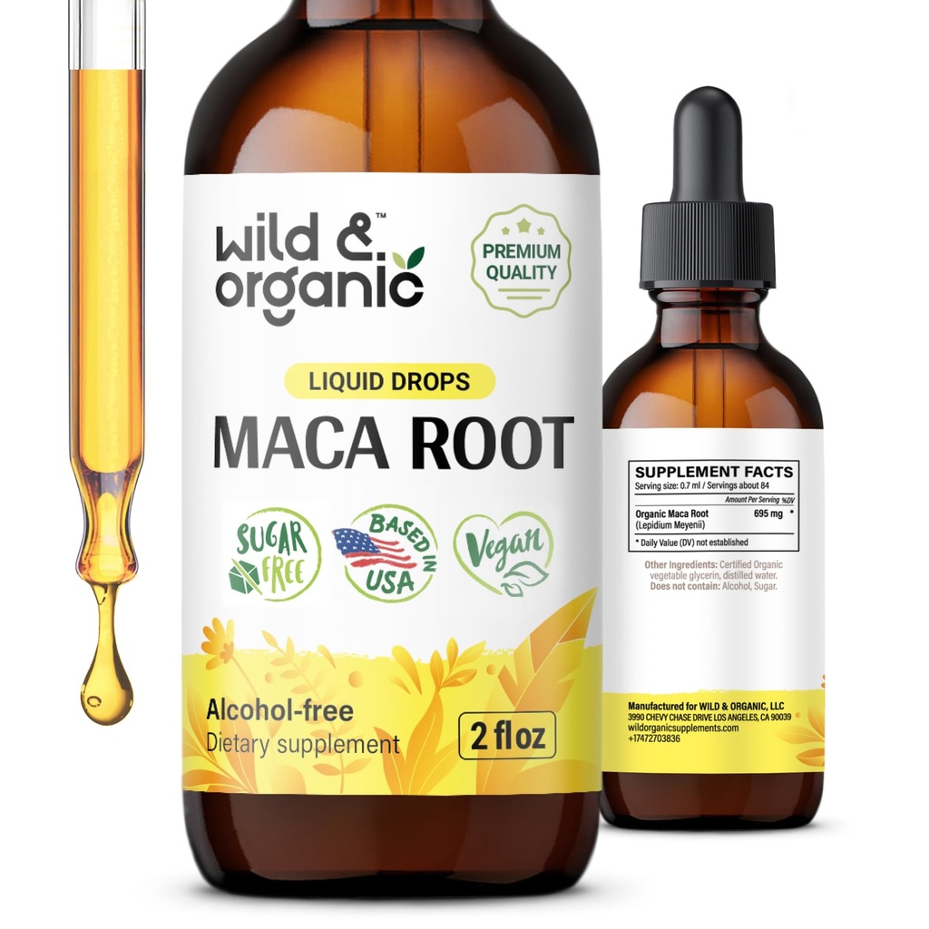 Wild & Organic Maca Root Drops for Women & Men - Mood, Focus, Active Lifestyle - Peruánské Maca Dodatek - Vegan, Cukr & Alcohol- Free Tincture - 2 fl oz