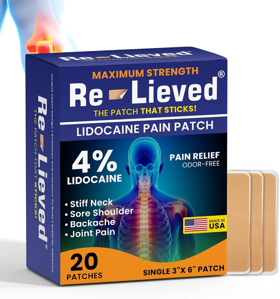 Relieve 4% Lidokain Záplaty Maximální síla - Aluminum- Free, Odpor na vodu a USA Made -Superior Sticking Pain Relief Záplaty rychle uvolní záda, spojky a svaly Paint- 3x6 Inches (20 Počet)