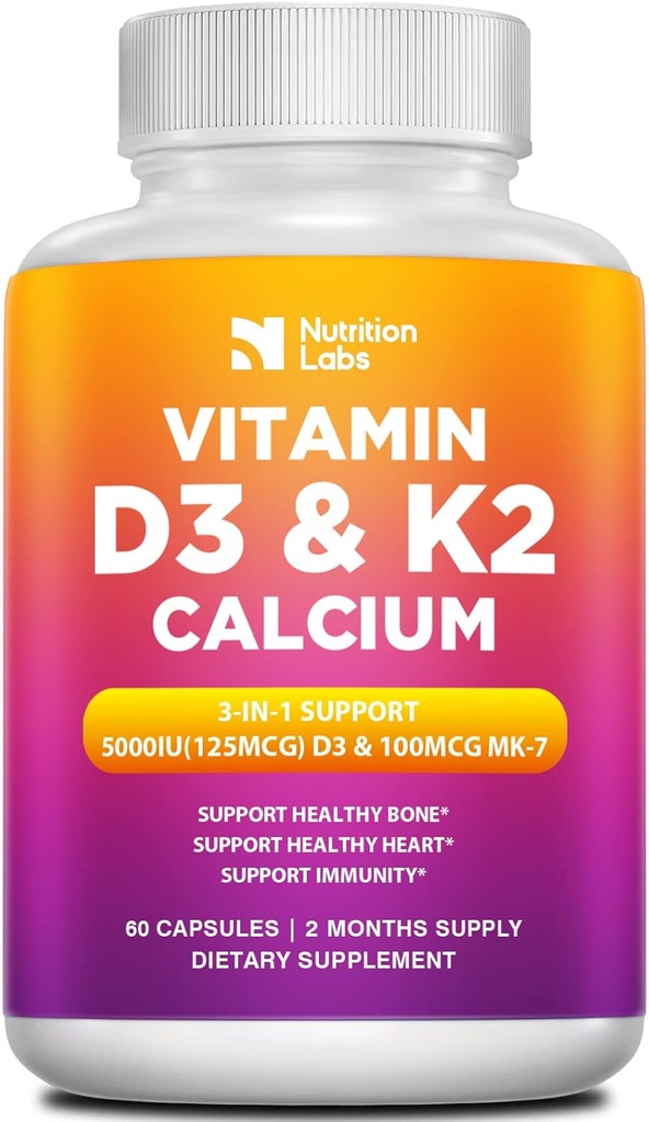 Vitamin D3 K2 5000 IU doplněk s vápníkem, Multivitamins podporuje imunitní zdraví, silné kosti, zuby & srdce funkce s bioperine Black Pepper ovoce Extract 60 Počet (balení po 1)