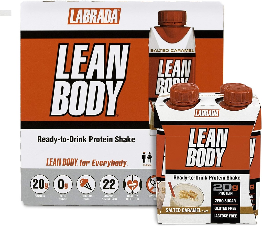 LABRADA NUTRITION - Lean Body RTD Syrovátkový protein Shake, Pohodlný on- the- The- Meal náhrada Shake pro muže a ženy, 20 gramů proteinu - nulový cukr, laktóza a gluten zdarma, slaný karamel (balení po 16)