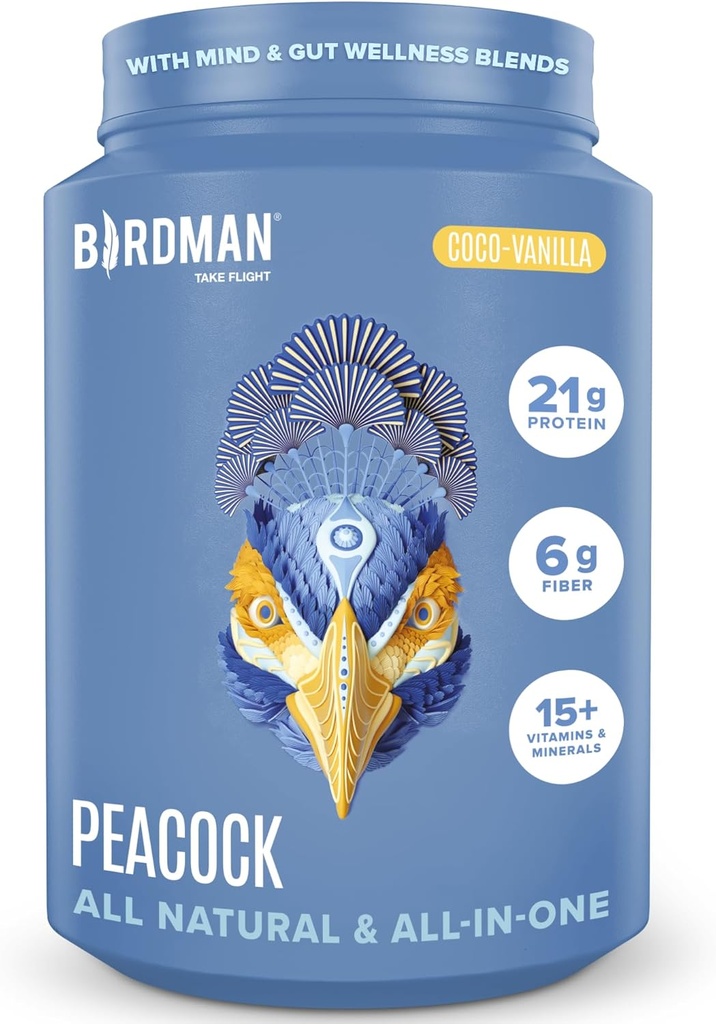 BIRDMAN Peacock Vegan Protein Powder 124; Kompletní stravy na bázi rostlin Shake s hořčíkem, Vitamin D, MCT Oil 124; Vše v jednom dodatku pro muže a ženy 124; hladká textura I124; Coco Vanilla Flavor