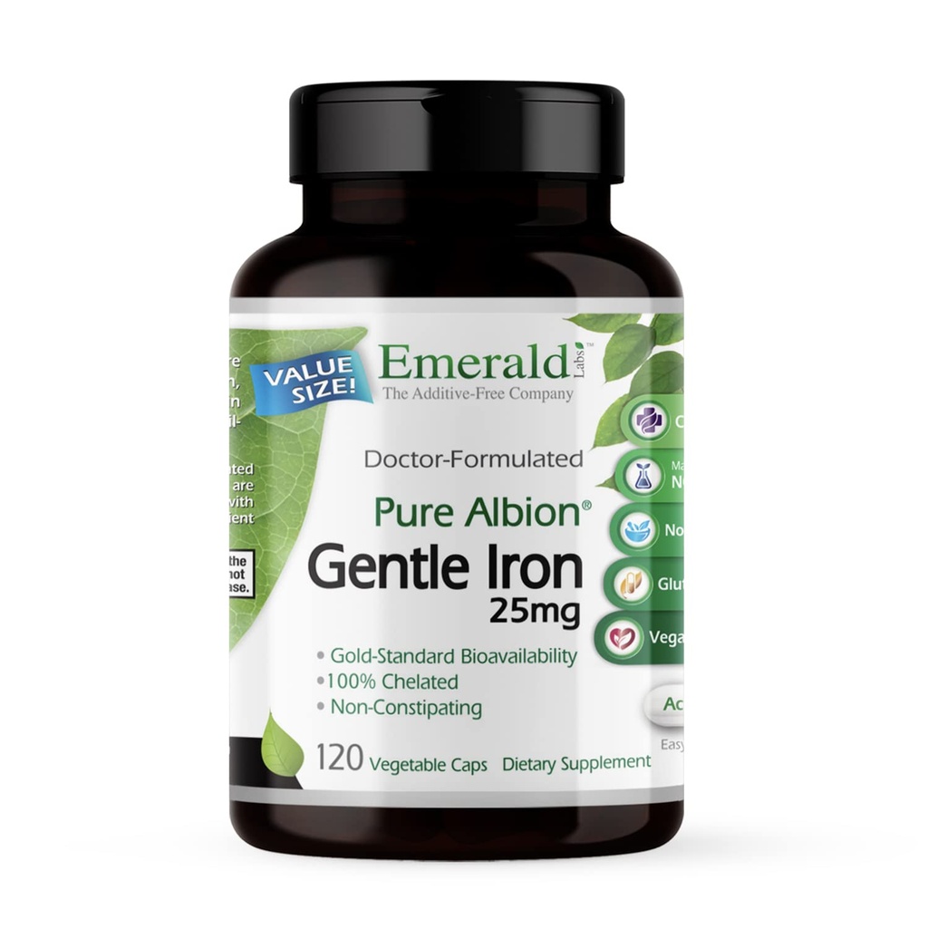 Emerald Labs Gentle Iron 25mg - Ferrous Bisglycinate Chelate - Chelated Iron Supplement, který podporuje energii, oko, imunitní a srdeční zdraví - 120 Zeleninové kapsle (120- Day Supply)