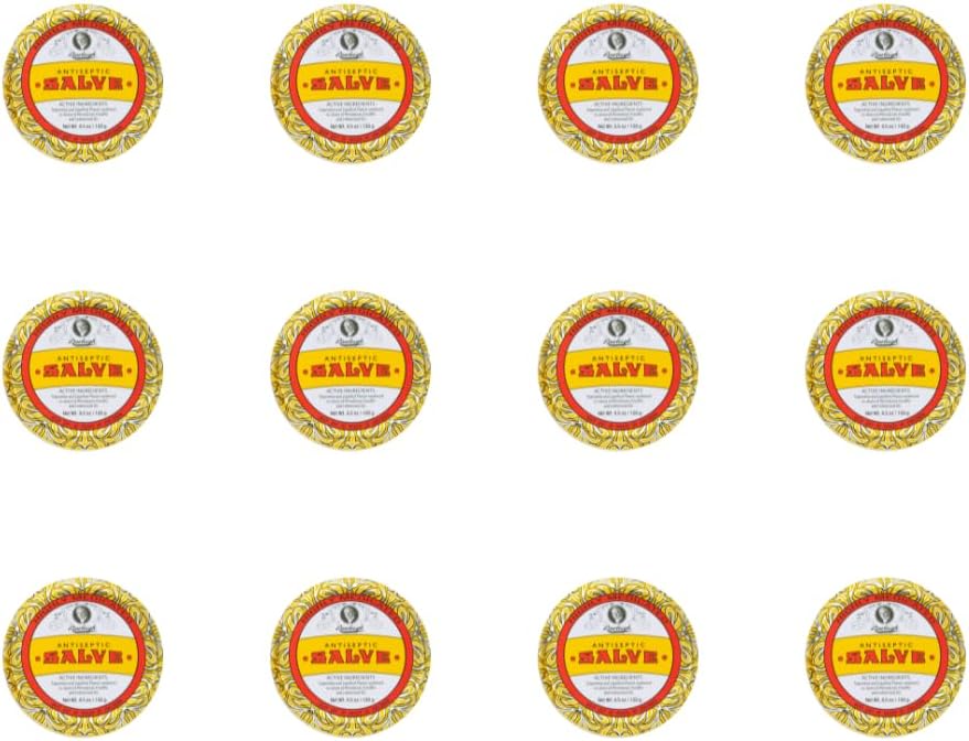 Rawleigh Antiseptic Salve Iconic Yellow Big Tin: 4.5 oz, Multi- Purpose Ointement Soothes Cutts, Bruises, Irritations, with Turpentine, Phenol, Cottonseed Oil & Paraffin, Original Formule - Pack of 12