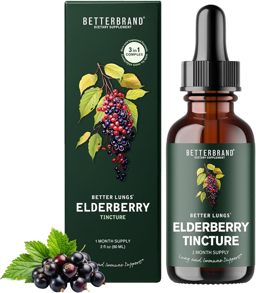 Betterbrand BetterLungs Elderberry Tincture Dietní dodatek - Všechny přírodní Sugar- Free Non-GMO Vegetarian pro zimní imunitní podporu (30 den)