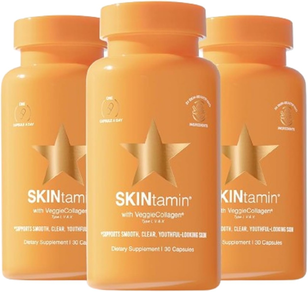 SKINtamin Vegetarian Collagen pilulky 124; Nejlepší kolagen doplňky pro ženy na podporu kůže Pevnost a vrásky 124; Kožní dodatek přizpůsobený pomoci snížit krvácení (30 Počet (balení 3))