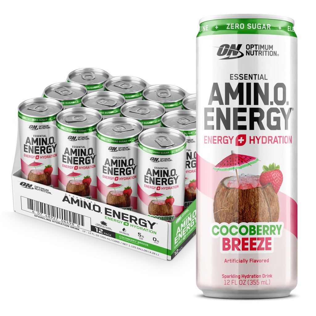 Optimum Nutrition Amino Energy Sparkling Hydration Drink, Electrolytes, Caffeine, Amino Acids, BCAA, Sugar Free, Cocoberry Breeze, 12 Fl Oz, 12 Pack (Balení květen Vary)