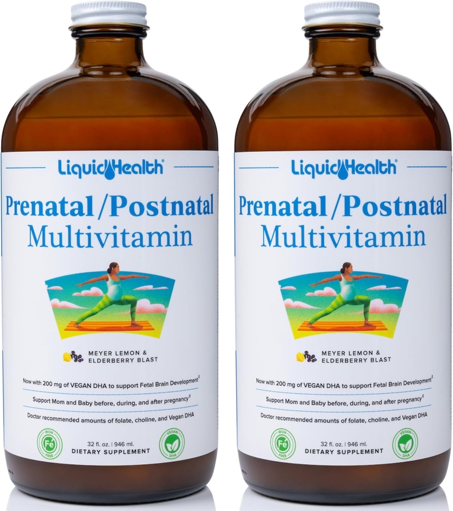 LIQUIDHEALTH Prenatal / Postnatální vícečetné tekuté ženské Multivitamin s reálným folátem - Pre & Postnatální vitamíny pro dříve, během, po těhotenství - Vyrobeno v USA, Vegan, Sugar- Free, Non- GMO (2 Pack)