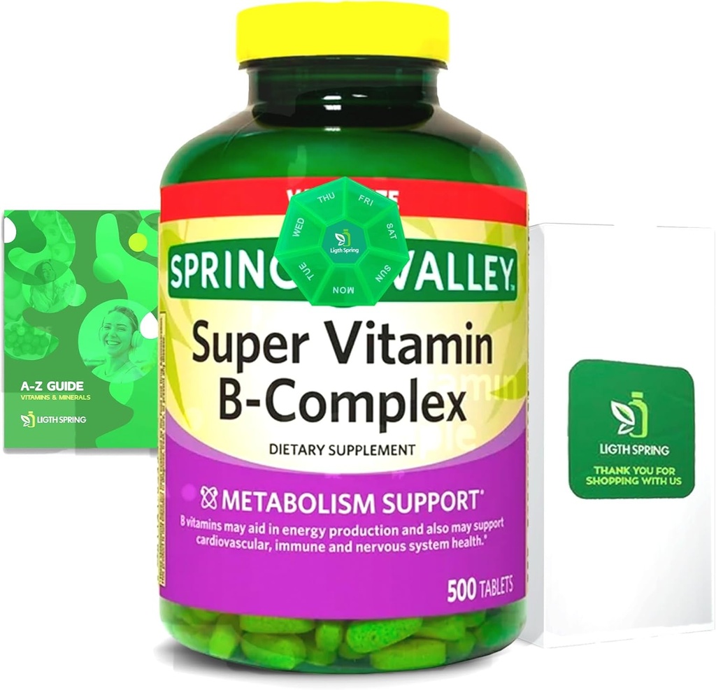 2 Pack- Light Spring Super B-Complex Tablety - Vitamin B6, B12, C, Thiamin, Biotin - Gluten- Free, Kompletní doplněk stravy s Light & Spring Guide - Podporuje energii a imunitu