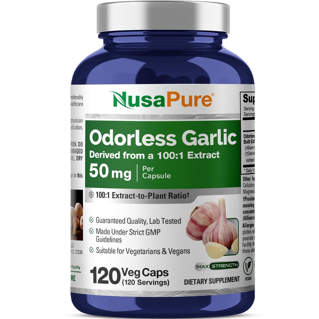 NusaPure Odorless Česnek 100: 1 Extrakt, 50 mg Ekvivalentní s 5000mg Kapsle 124; 120 Veggie Caps PHAR124; High Potency PHAR124; Bylinný dodatek PHAR124; Non- GMO