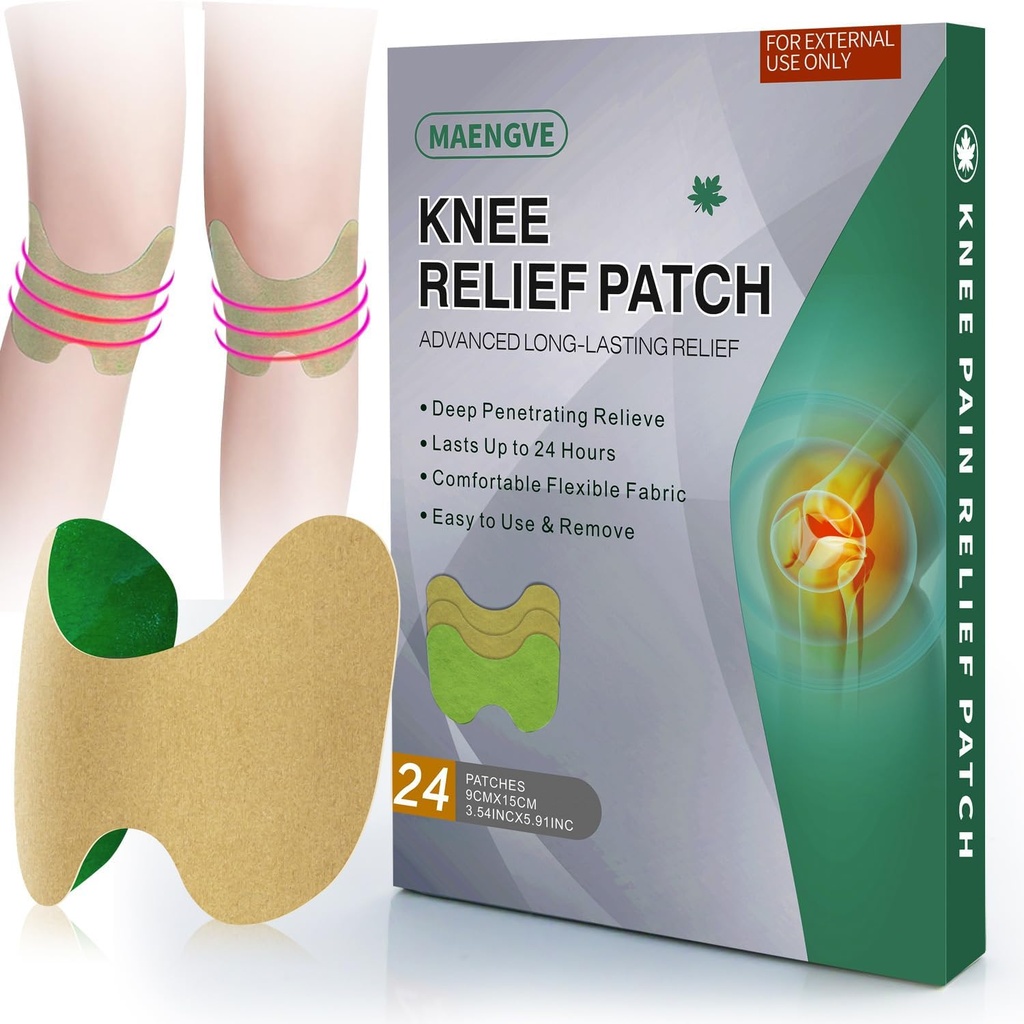 Knee Pain Relief Patch 24 Počet - Ohřívání Bylinné Knee Záplaty s Mugwort, Capsaicin & Menthol - 12 hodinová dlouhá Kolena Podpora kosti na kosti, Společná bolest, Svalová bolest