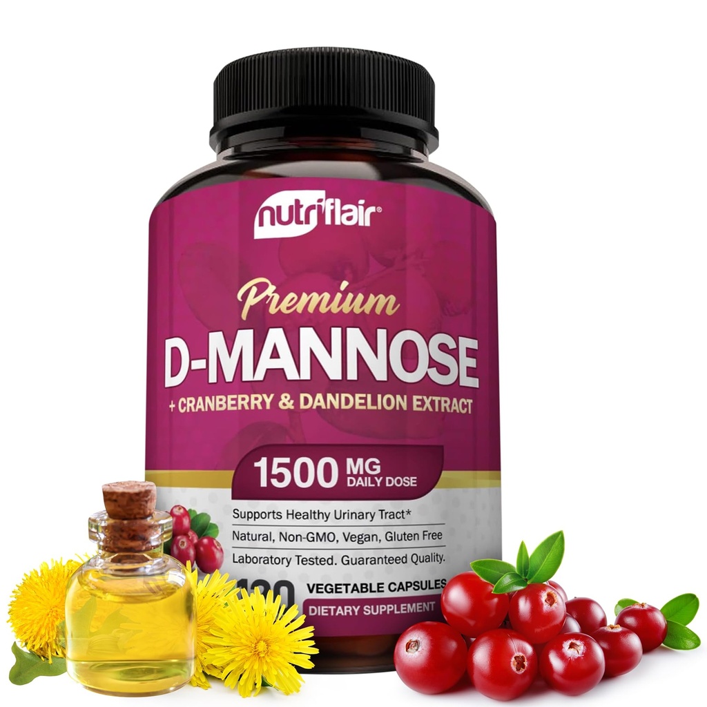 NutriFlair D- Mannose 1200mg, 120 Kapsle - s Cranberry a Pampeliška Extrakt - Natural Urinary Tract Health UTI Support - Best D Mannose Powder - Flush Nečistoty, Detox Tělo, pro ženy a muže