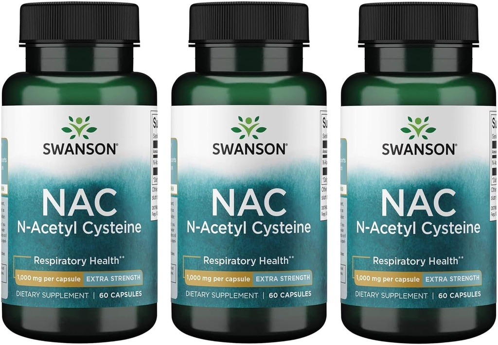Swanson NAC N- Acetyl Cystein - Antioxidant Anti- Aging Respirační podpora jater - Aminová kyselina dodatek 1000 mg 60 Kapsle (3 balení)