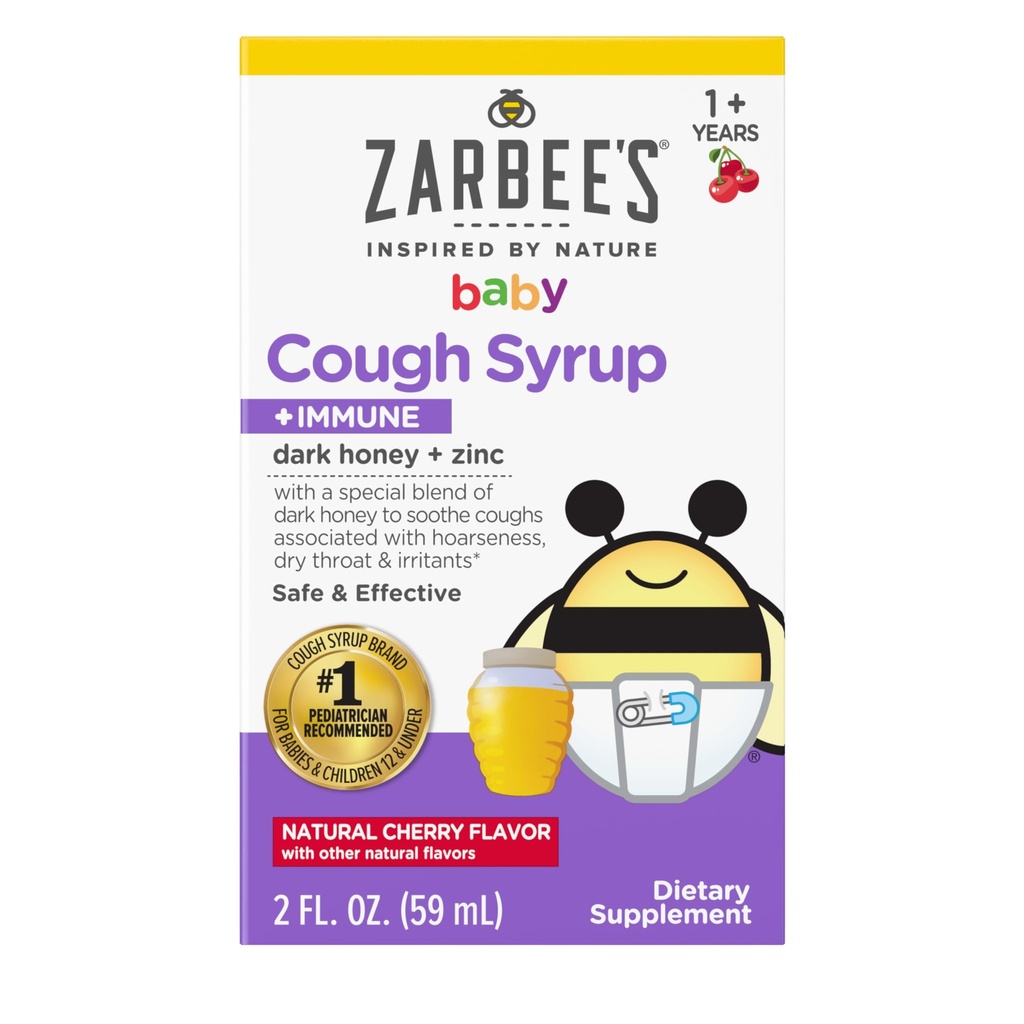 Zarbee 's Baby Honey Cough Syruption + Imunitation for Babies 12-24 Months, Safe & Effective Cough Syruption with Soothing Dark Honey & Zinek for Immunology Support *, Drug & Alkohol- Free, Cherry, 2 fl. oz