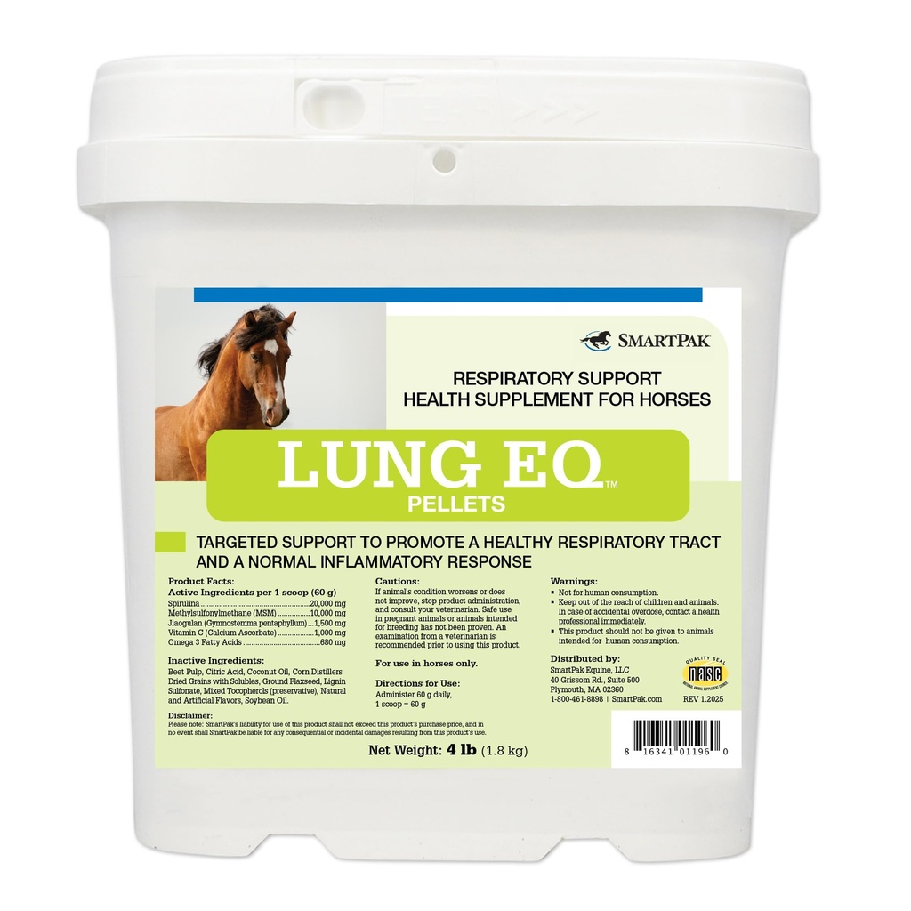 SmartEquine Lung EQ Pelety pro podporu dýchání 124; Koňské zdraví 124; Spirulina pro koně s antioxidanty, Byliny, Minerály 124; Koňské pelety pro respirační a imunitní podporu 124; 4 LB
