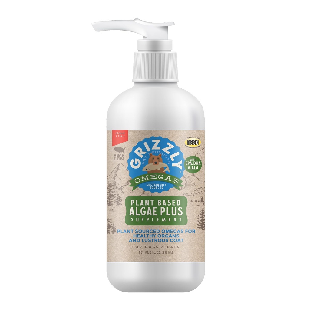 Grizzly Pet Products Algal Plus Omega 3-6-9 Dodatek stravy pro psy a kočky, 8 Ounce láhev