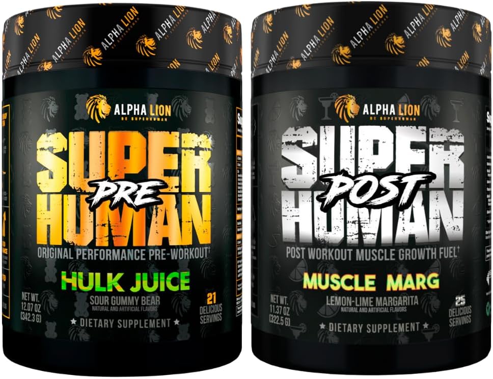 ALPHA LION Superhuman Pre Workout Powder & Post Workout Recovery Bundle, Setrvalá energie & Focus + Lean Muscle Growth, Síla & Volume (Hulk Juice & Muscle Marg