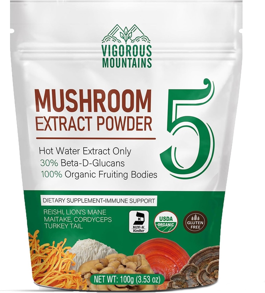 VIGOROUS MOUNTAINS Organic Houba Powder Supplement - USDA Certified, Lions Mane & Reishi pro imunitní podporu, Mozek Focus, Vegan, Mixes Okamžitě v Coffee & Smoothies (100g)