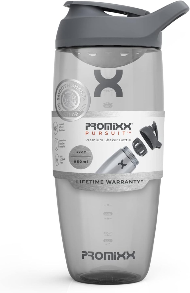 Promixx Pursuit protein Shaker Bottle (32 oz) - Silent No-Ball Mixer, Leak-Proof Lid, BPA / BPS & Phtalate-Free ECOZEN - Easy- Clean Shaker Cup for Protein Shakes, Pre & Post- Workout Smoothies