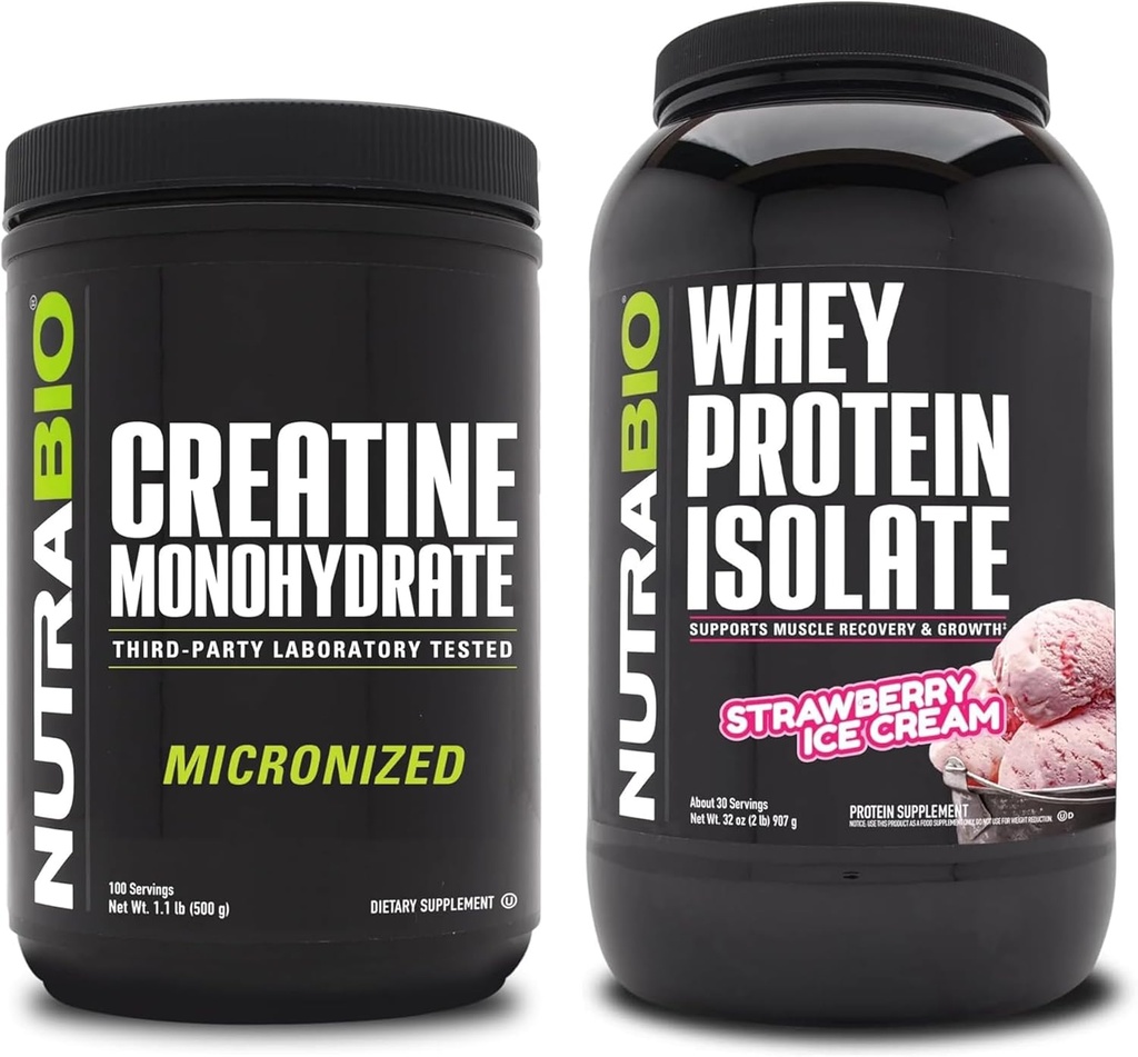 NutraBio Creatine Monohydrát, Neochucené, 500g a syrovátka protein izolát, jahodová zmrzlina, Doplněk Bundle - Svalová energie, Lean růst svalů, zotavení, a síla