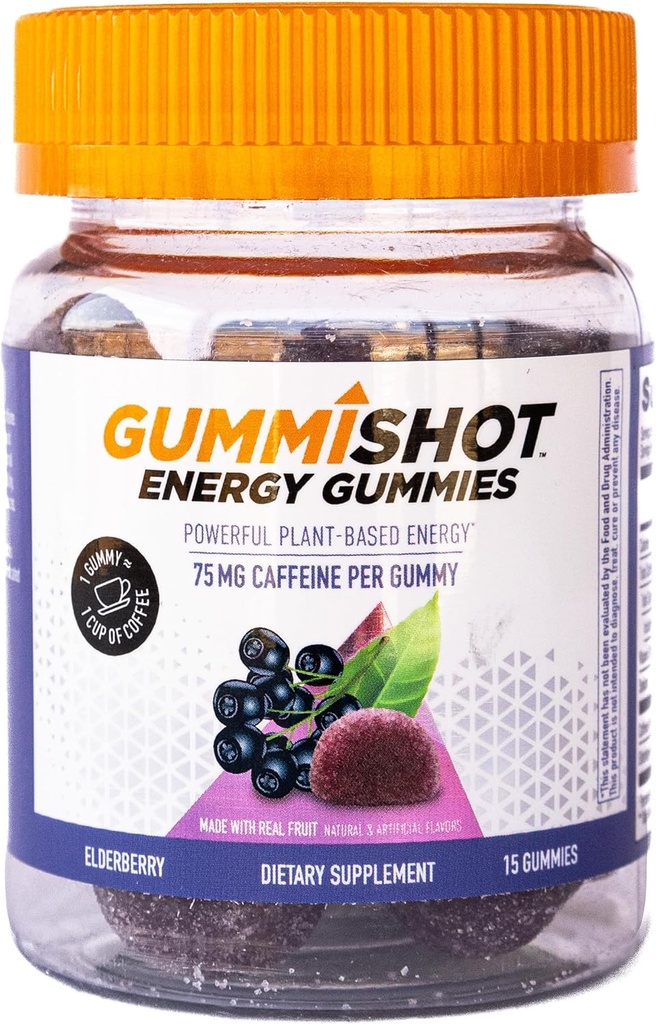 GummiShot Energy Gummies, 1125 mg Caffeine Chews per Bottle, Long Lasting Energy Boosters, Elderberry (15ct)