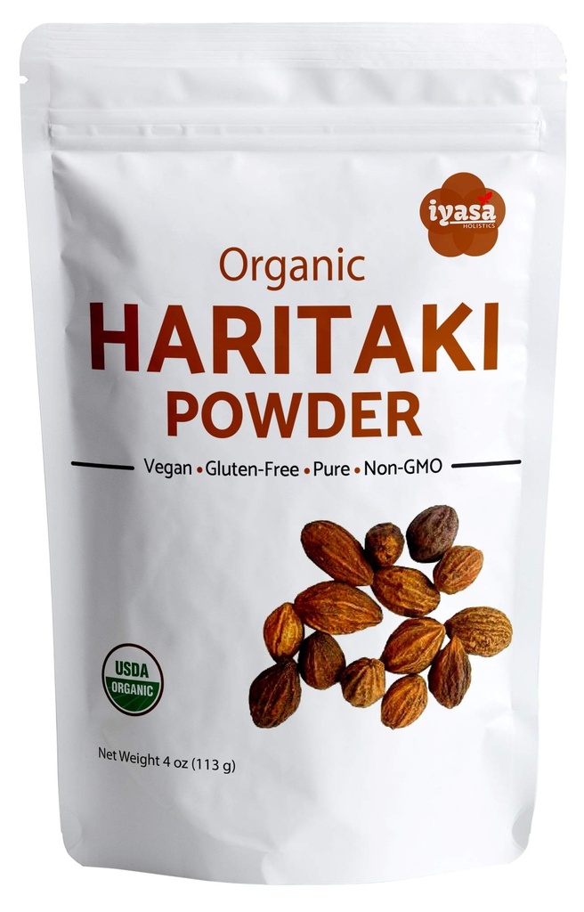 Iyasa Holistics Organic Haritaki Powder, Harde, Harad, Terminalia chebula, Kadakapudi, Ayurveda bylinka pro stravu, úlevu od plynu, zdravé Bowel Function, superfood, Resealable Pouch of 4 oz