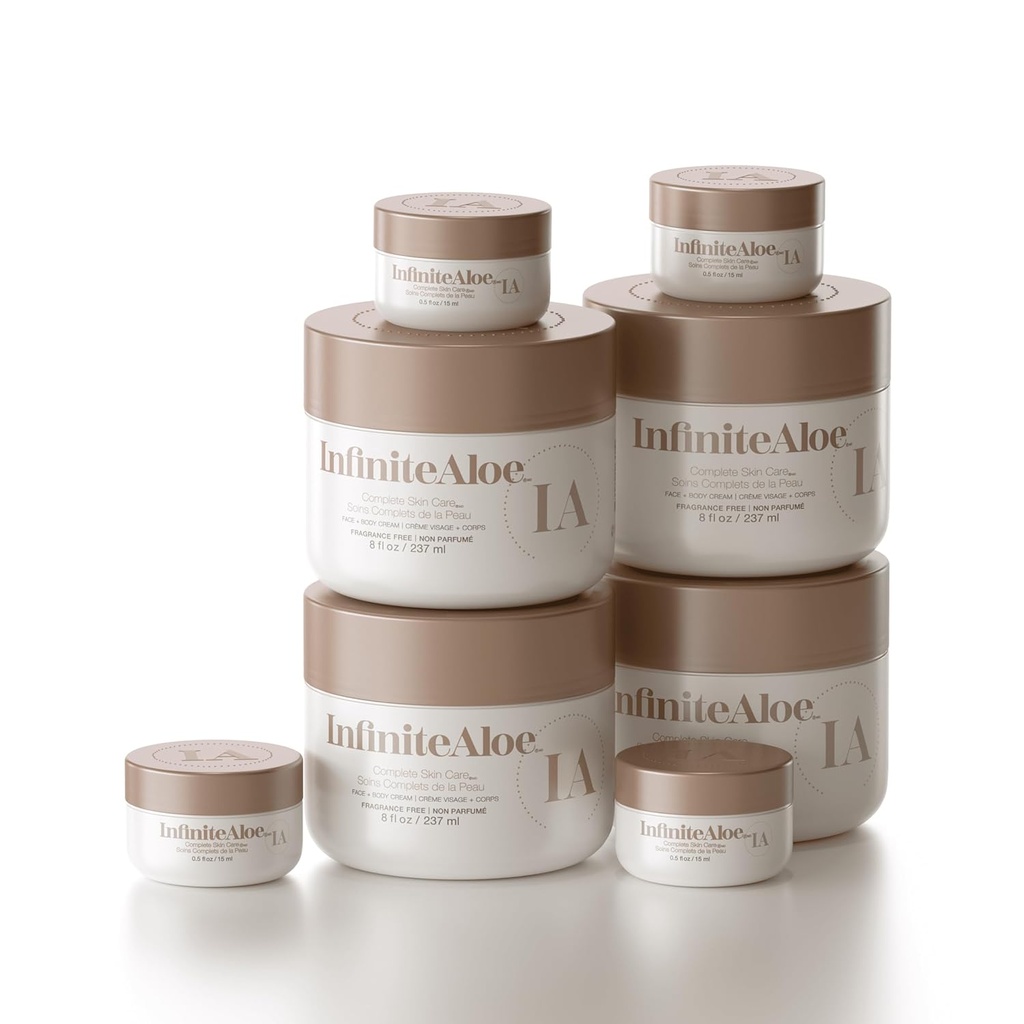 InfiniteAloe Kompletní péče o pleť, Aloe Vera Powered Face a tělo krém pro suchou pokožku, vůně zdarma - 4 Velké Jar 8 oz & 4 Travel Jar 0.5 oz