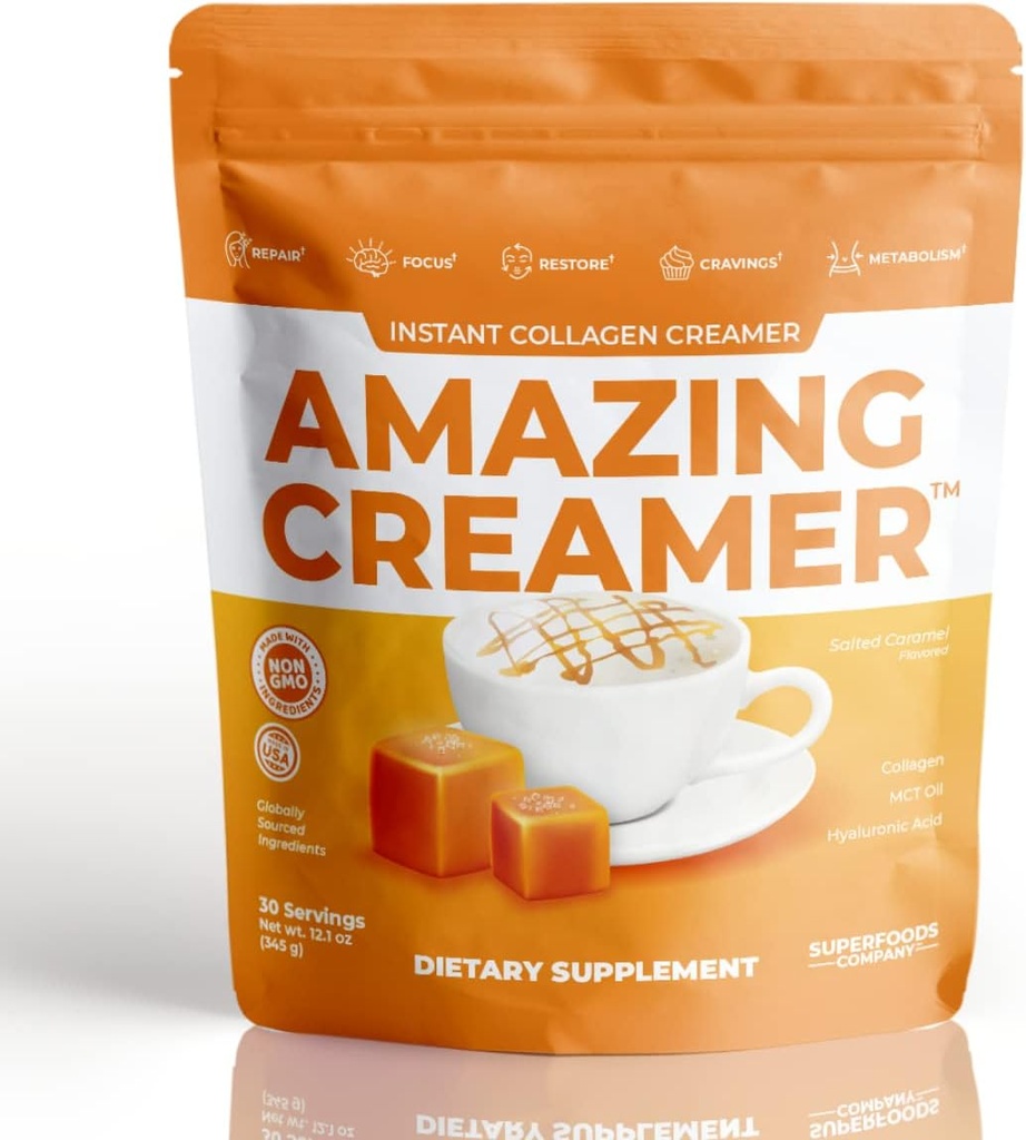 Superfoods Company Amazing Creamer with Collagen - Keto Creather- Hyaluronic Acid & MCT Oil - Brain Boost & Cukrářské chutě - Podporuje zdravou pleť & vlasy - Diet- Friendly [30 Služeb] [Slaný karamel]