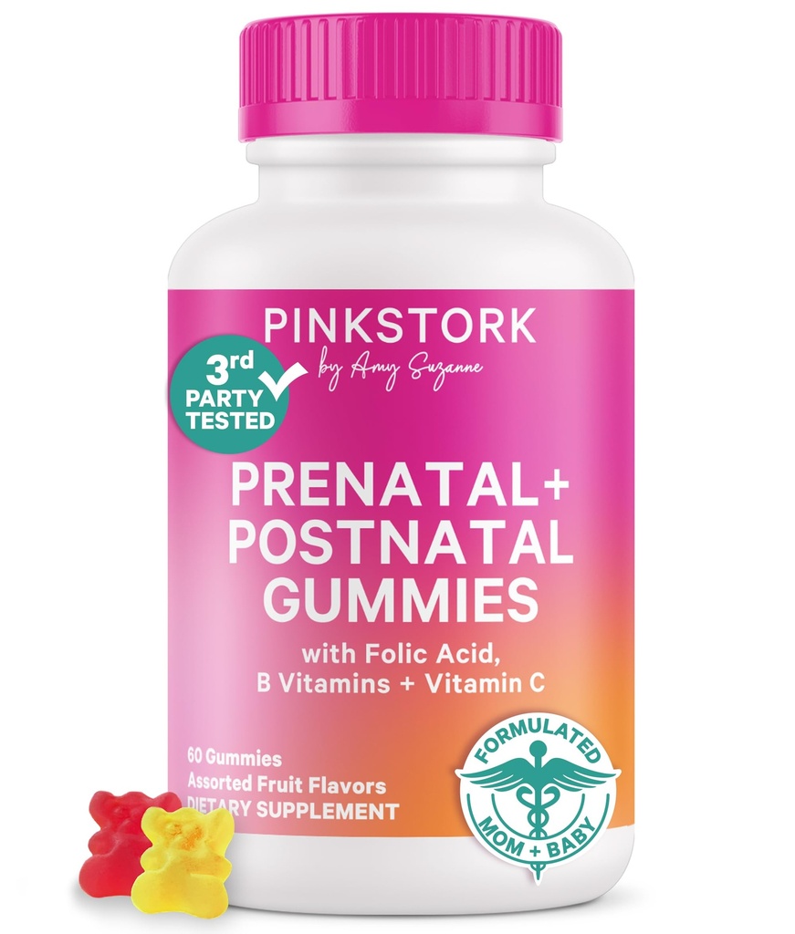 Pink Stork plodnost + Prenatal + Postnatální Gumové Vitamíny - Full Motherhood Journey Support - Multivitamin s folátem, B Vitamíny, Zinek & Biotin - 60 Asgrid Fruit Gummies
