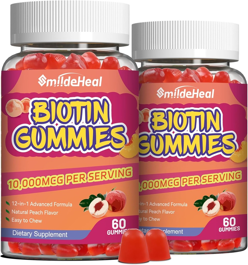 2 Balení Biotin Gummies pro růst vlasů 10000 mcg, Vlasová kůže a nehty Gummy s kyselinou listovou, Vitamíny A, B, C, E & D, Vegan biotin Vitamíny pro ženy a muže, 120 Gummies
