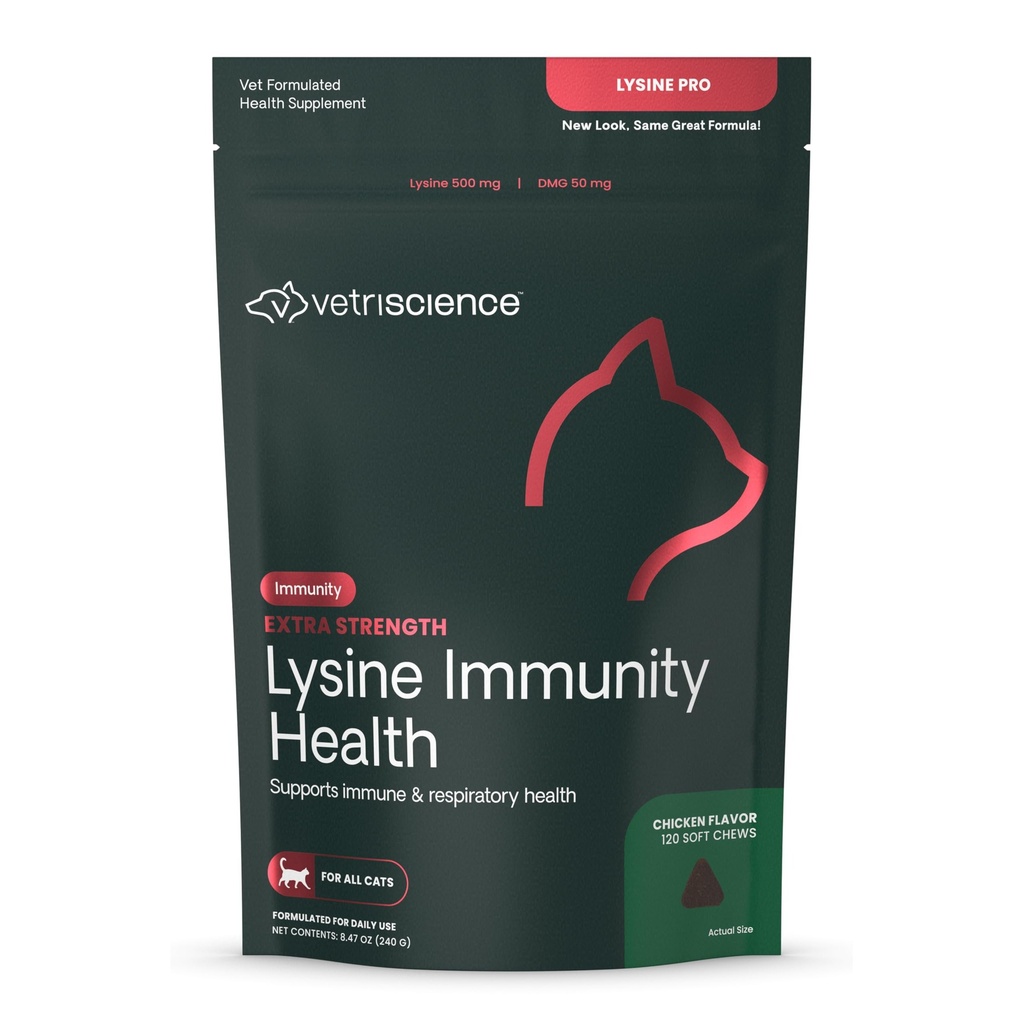 VETRISCIENCE Extra Strength Lysin Imunity Health Chews - Doplatek imunity pro kočky všech věků - Podporuje imunitní funkci, zdraví očí a kardiovaskulární funkci - 120 Počet