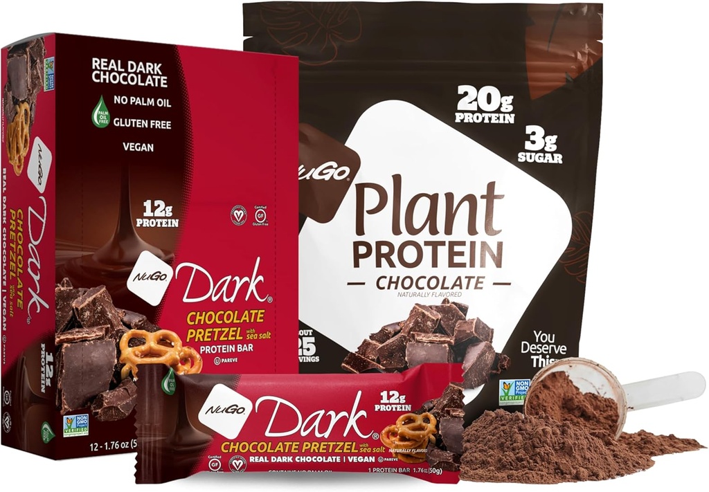 Nugo Dark Chocolate Pretzel w / SS, 12g Vegan Protein, Gluten Free, Kosher Pareve, Non- GMO, 12 Count and Nugo Plant Protein Powder, Chocolate, 20g Protein, 3g Sugar, 25 Servings