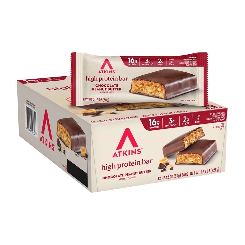 Atkins Chocolate Arašídové máslo protein jídelní bar, High Fiber, 16g protein, nízký cukr, 3g čistý karb, nízký karb, Keto Friendly, 12 Počet